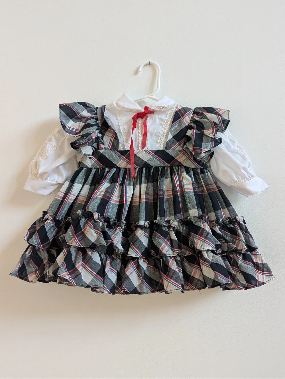 Vtg Martha's Miniatures 2T Dress Black Plaid Frilly Holidays